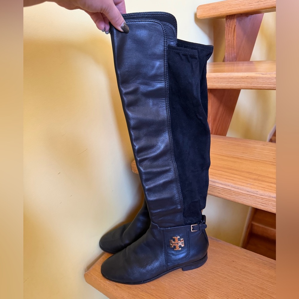 Tory Burch Black Leather and Suede Over-the-Knee Boots with Logo Accent